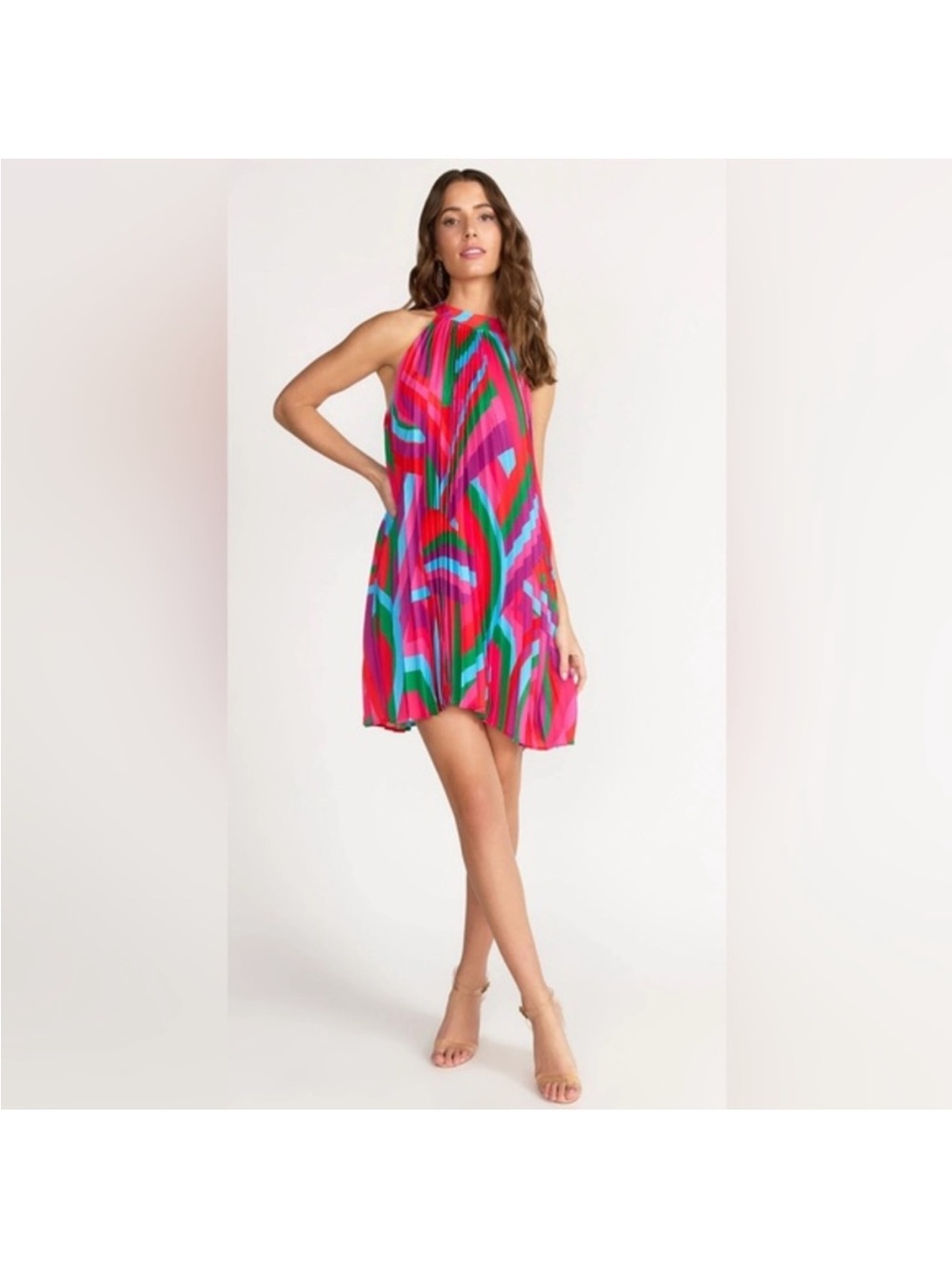 Flying tomato halter, neck pleated Geo print Vibrant Multicolor Pleated Dress